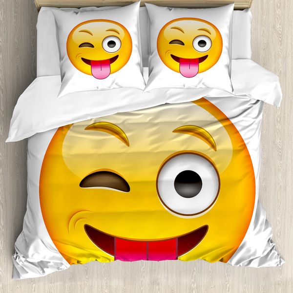 Abakuhaus Copripiumino Con Emoticon, Cartoon Flirty Funny Face, Antiacaro, Adatto A Chi Soffre Di Allergie, Con Federe, 200 Cm X 200 Cm - 80 X 80 Cm, Giallo-image