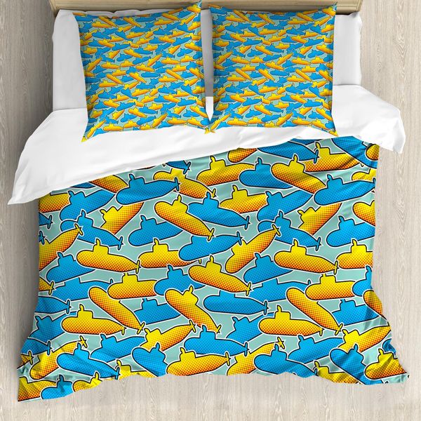 Abakuhaus Copripiumino Giallo A Forma Di Sottomarino, Stile Pop Art, Antiacaro, Adatto A Chi Soffre Di Allergie, Con Federe, 200 Cm X 200 Cm - 80 X 80 Cm, Giallo E Blu-image