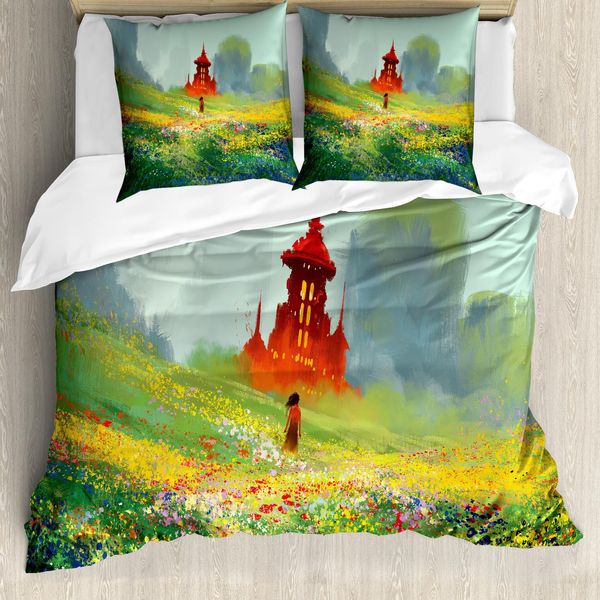 Abakuhaus Copripiumino Fantasia, Fiore Scary Castle, Antiacaro, Adatto A Chi Soffre Di Allergie, Con Federe, 200 Cm X 200 Cm - 80 X 80 Cm, Rosso Verde-image