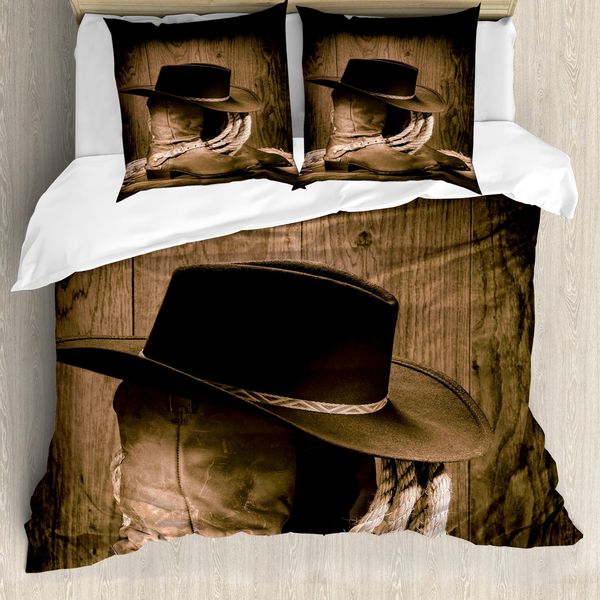 Abakuhaus Copripiumino Western, Cappello Da Cowboy Selvaggio In Legno, Antiacaro, Adatto A Chi Soffre Di Allergie, Con Federe, 200 Cm X 200 Cm - 80 X 80 Cm, Marrone-image