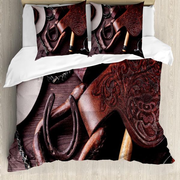 Abakuhaus Set Copripiumino Occidentale Per Letti Matrimoniali, Tema Rustico Kitsch, Antiacaro, Adatto A Chi Soffre Di Allergie, Con Federe, Marrone-image