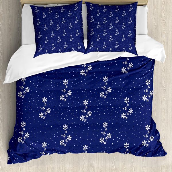 Abakuhaus Copripiumino Blu Navy, Motivo Floreale E Pois, Antiacaro, Adatto A Chi Soffre Di Allergie, Con Federe, 155 Cm X 220 Cm - 80 X 80 Cm, Blu Navy E Bianco-image