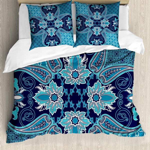 Abakuhaus Copripiumino Blu Navy, Motivo Floreale Paisley Bohemic, Antiacaro E Anallergico, Con Federe, 200 Cm X 200 Cm - 80 X 80 Cm, Blu Navy E Bianco-image