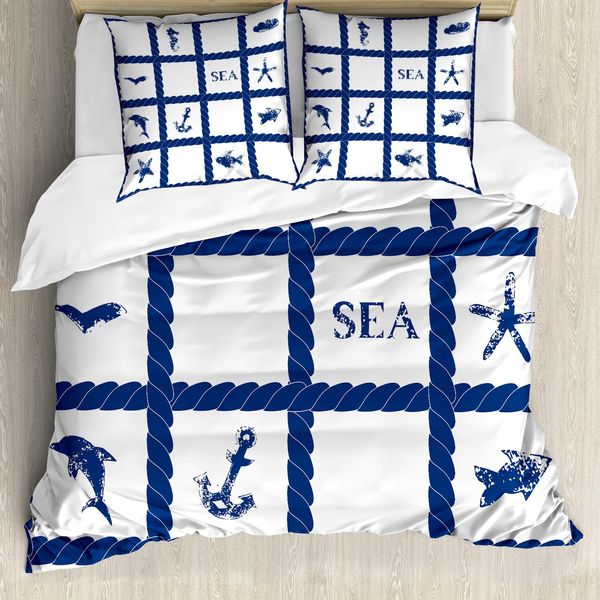 Abakuhaus Copripiumino Blu Navy, Stella Marina Anchor Sealife, Antiacaro, Adatto A Chi Soffre Di Allergie, Con Federe, 200 Cm X 200 Cm - 80 X 80 Cm, Blu Navy E Bianco-image