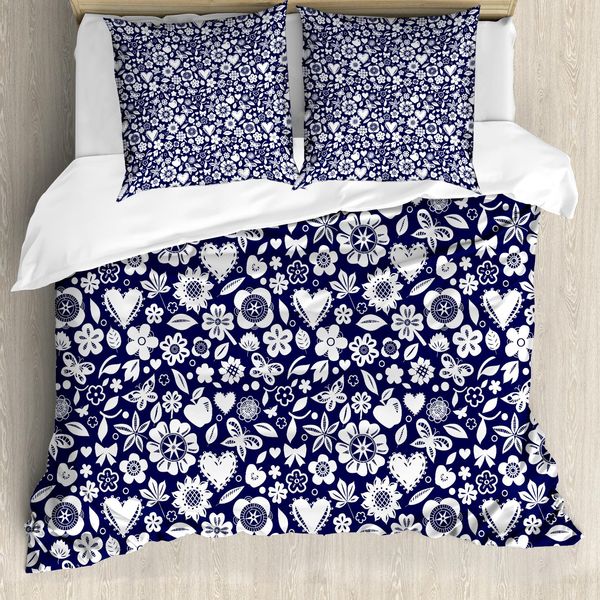 Abakuhaus Copripiumino Blu Navy, Cuori, Farfalle E Foglie, Antiacaro, Adatto A Chi Soffre Di Allergie, Con Federe, 155 Cm X 220 Cm - 80 X 80 Cm, Blu Navy E Bianco-image