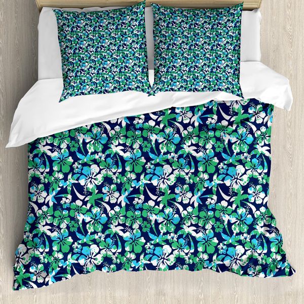 Abakuhaus Copripiumino Blu Navy, Fiori E Palme Estive, Antiacaro, Adatto A Chi Soffre Di Allergie, Con Federe, 155 Cm X 220 Cm - 80 X 80 Cm, Blu Navy E Bianco-image