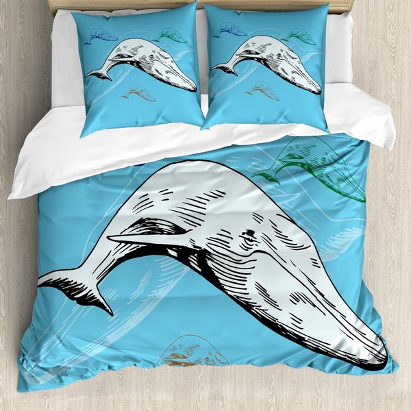 Abakuhaus Copripiumino Wal, Balene Dell'oceano Disegnate A Mano, Antiacaro, Adatto A Chi Soffre Di Allergie, Con Federe, 155 Cm X 220 Cm - 80 X 80 Cm, Bianco E Blu-image