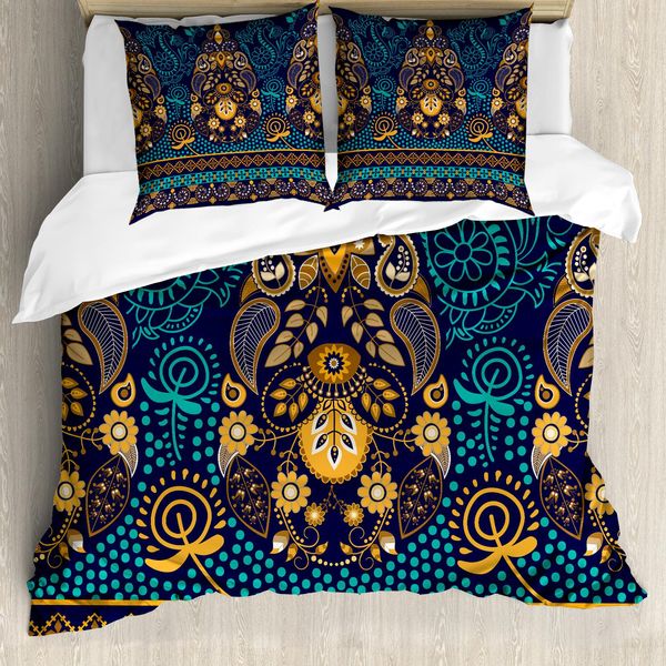 Abakuhaus Copripiumino Paisley, Fiori E Pois, Antiacaro, Adatto A Chi Soffre Di Allergie, Con Federe, 200 Cm X 200 Cm - 80 X 80 Cm, Blue Earth Giallo-image