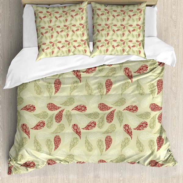 Abakuhaus Copripiumino Paisley, Motivo A Petali Di Fiori, Antiacaro, Adatto A Chi Soffre Di Allergie, Con Federe, 200 Cm X 200 Cm - 80 X 80 Cm, Rosso E Verde Chiaro-image