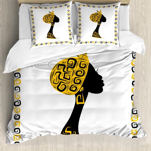 Abakuhaus Set Copripiumino Afro Per Letti Matrimoniali, Ritratto Tribale Etnico, Antiacaro, Adatto A Chi Soffre Di Allergie, Con Federe, Marrone Giallo Nero-image