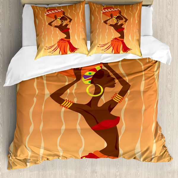 Abakuhaus Set Copripiumino Afro Per Letti Matrimoniali, Arte Rituale Tribale Vintage, Antiacaro, Adatto A Chi Soffre Di Allergie, Con Federe, Arancione Ambra-image