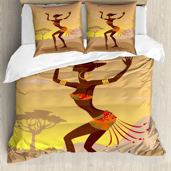Abakuhaus Set Copripiumino Afro Per Letti Matrimoniali, Rituale Etnico Donna Dell'amazzonia, Antiacaro Adatto A Chi Soffre Di Allergie Con Federe, Marrone Cacao-image