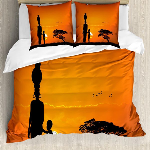 Abakuhaus Copripiumino Africano, Bambino E Madre Nel Deserto, Antiacaro Adatto A Chi Soffre Di Allergie Con Federe, 155 Cm X 220 Cm - 80 X 80 Cm, Arancione Nero-image