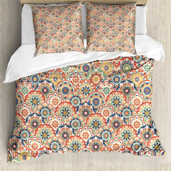 Abakuhaus Copripiumino Geometrico, Motivo Floreale Vecchio Annuncio, Antiacaro Adatto A Chi Soffre Di Allergie Con Federe, 200 Cm X 200 Cm - 80 X 80 Cm, Multicolore-image