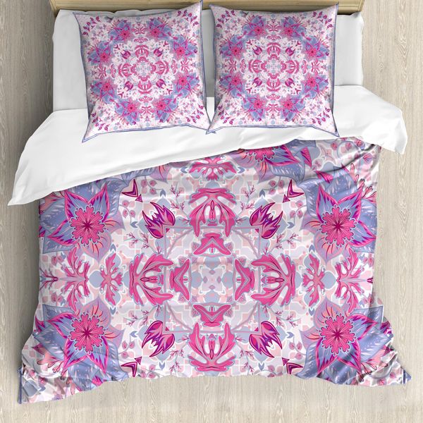 Abakuhaus Copripiumino Malva, Fiori Boho, Antiacaro, Adatto A Chi Soffre Di Allergie, Con Federe, 155 Cm X 220 Cm - 80 X 80 Cm, Rosa E Azzurro-image