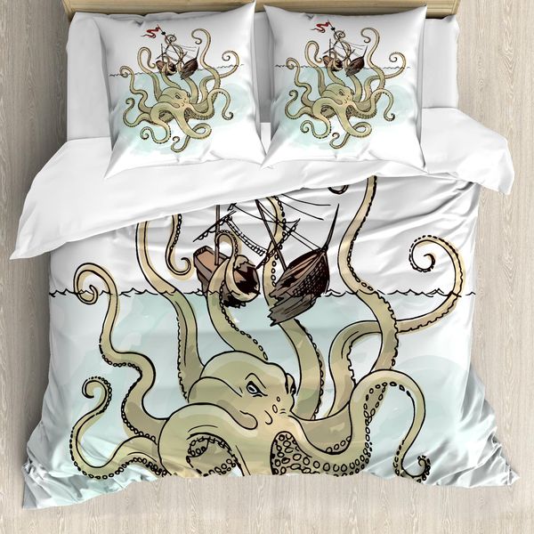 Abakuhaus Copripiumino Krake, Nave Pirata Della Mitologia Greca, Antiacaro, Adatto A Chi Soffre Di Allergie, Con Federe, 200 Cm X 200 Cm - 80 X 80 Cm, Marrone Chiaro Verde Chiaro-image