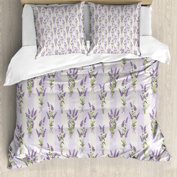Abakuhaus Copripiumino Lavanda, Righe E Fiori, Antiacaro, Adatto A Chi Soffre Di Allergie, Con Federe, 200 Cm X 200 Cm - 80 X 80 Cm, Viola-image