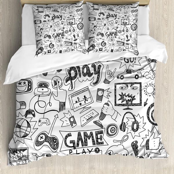 Abakuhaus Copripiumino Videogiochi, Stile Sketch Gaming, Antiacaro, Adatto A Chi Soffre Di Allergie, Con Federe, 200 Cm X 200 Cm - 80 X 80 Cm, Bianco E Nero-image