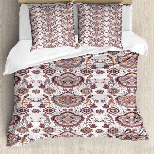 Abakuhaus Copripiumino Vintage, Disegno Floreale Hippie, Antiacaro E Anallergico Con Federe, 155 Cm X 220 Cm - 80 X 80 Cm, Bianco, Marrone, Grigio-image