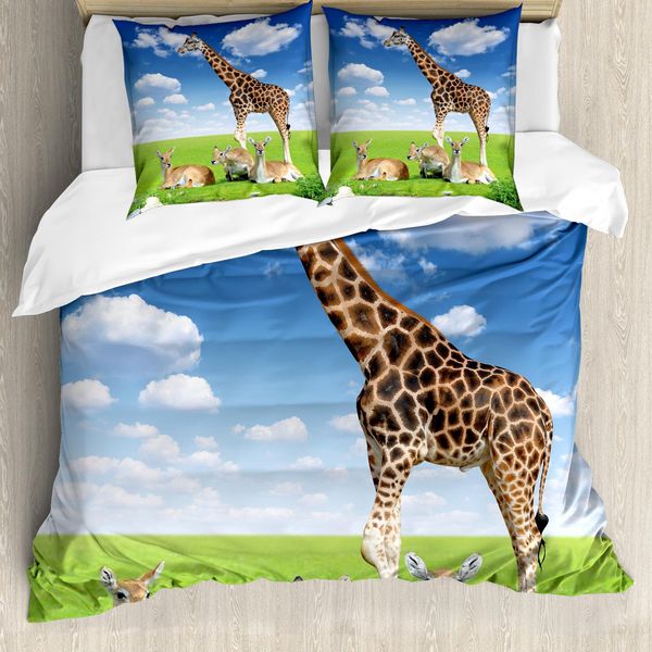 Abakuhaus Copripiumino Giraffa, Animali Dello Zoo, Antiacaro, Adatto A Chi Soffre Di Allergie, Con Federe, 200 Cm X 200 Cm - 80 X 80 Cm, Bianco Blu Marrone-image