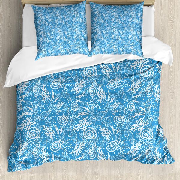 Abakuhaus Copripiumino Ocean, Monochrome Shells Corals, Antiacaro E Anallergico, Con Federe, 155 Cm X 220 Cm - 80 X 80 Cm, Blu Azzurro E Bianco-image