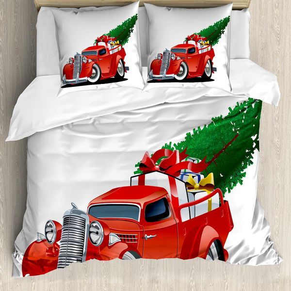 Abakuhaus Copripiumino Natalizio, Red American Truck, Antiacaro, Adatto A Chi Soffre Di Allergie, Con Federe, 155 Cm X 220 Cm - 80 X 80 Cm, Verde Bianco-image