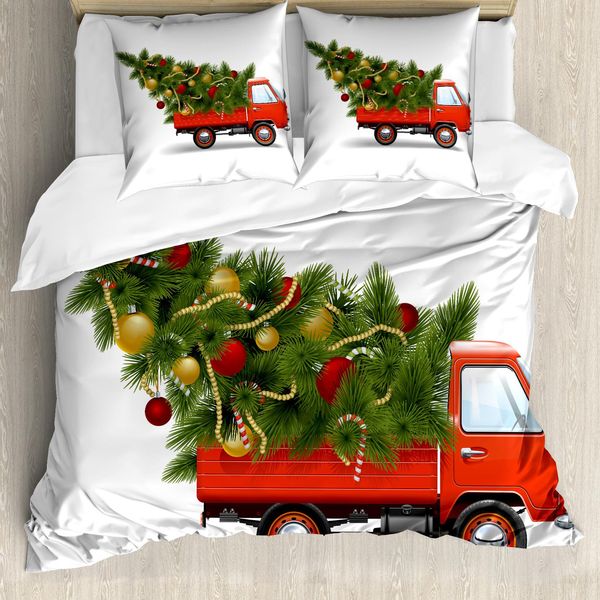 Abakuhaus Copripiumino Natalizio, Camion Natalizio E Albero, Antiacaro, Adatto A Chi Soffre Di Allergie, Con Federe, 155 Cm X 220 Cm - 80 X 80 Cm, Bianco, Rosso, Verde-image