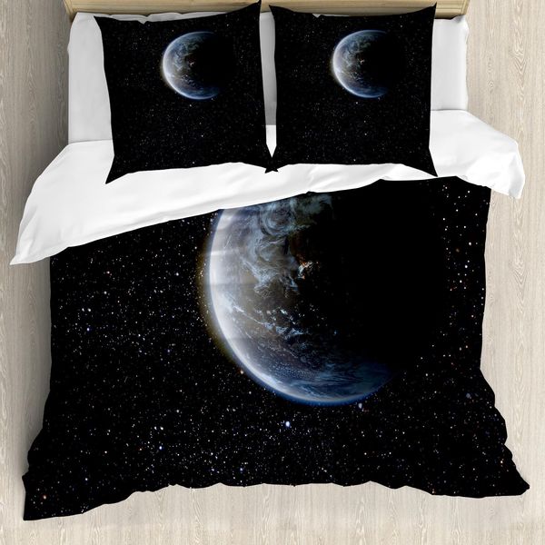 Abakuhaus Galaxis Copripiumino, Luna Pianeta Terra Cosmo, Antiacaro Adatto A Chi Soffre Di Allergie Con Federe, 155 Cm X 220 Cm - 80 X 80 Cm, Blu Nero-image
