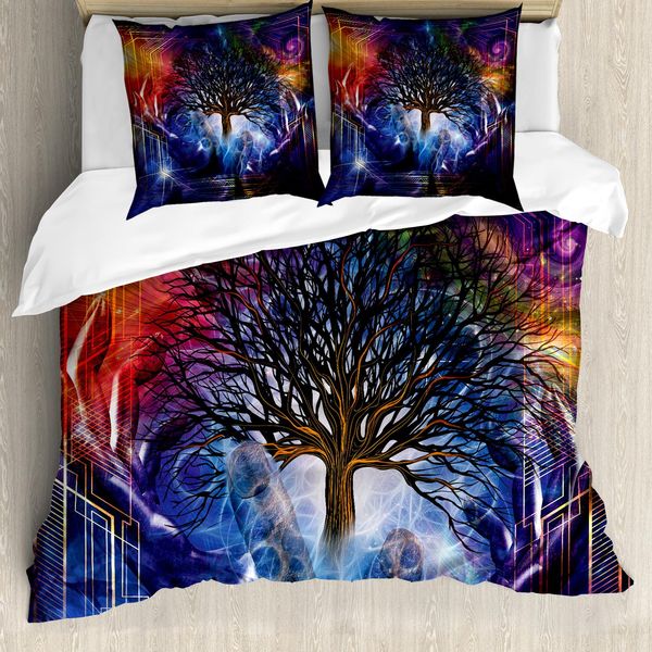Abakuhaus Copripiumino Naturale, Albero Spoglio Hippie, Antiacaro Adatto A Chi Soffre Di Allergie Con Federe, 200 Cm X 200 Cm - 80 X 80 Cm, Blu Lilla-image