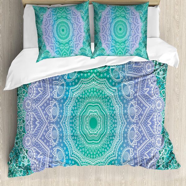 Abakuhaus Copripiumino Etnico, Mandala Geometrico, Antiacaro, Adatto A Chi Soffre Di Allergie, Con Federe, 155 Cm X 220 Cm - 80 X 80 Cm, Viola Verde-image