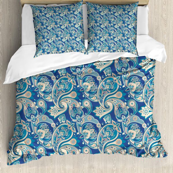 Abakuhaus Copripiumino Paisley, Ispirazione Persiana, Antiacaro, Adatto A Chi Soffre Di Allergie, Con Federe, 155 Cm X 220 Cm - 80 X 80 Cm, Verde Acqua, Blu Navy E Marrone Chiaro-image