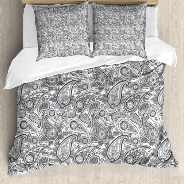 Abakuhaus Copripiumino Paisley, Foglia Persiana Digitale, Antiacaro, Adatto A Chi Soffre Di Allergie, Con Federe, 155 Cm X 220 Cm - 80 X 80 Cm, Grigio E Bianco-image