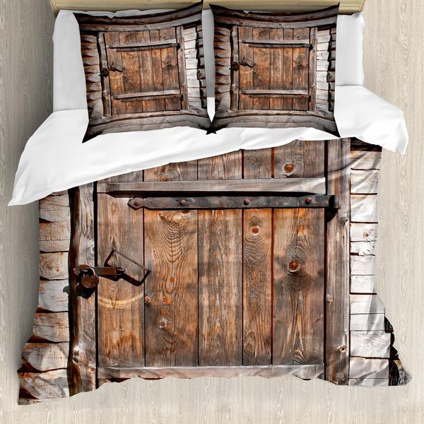 Abakuhaus Set Copripiumino Rustico Per Letti Matrimoniali, Foto Di Una Fattoria Con Porte In Legno, Antiacaro, Adatto A Chi Soffre Di Allergie, Con Federe, Multicolore-image