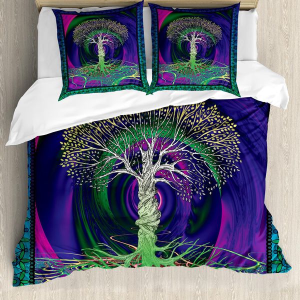 Abakuhaus Set Copripiumino Psichedelico Per Letti Matrimoniali, Albero Psichedelico, Antiacaro, Adatto A Chi Soffre Di Allergie, Con Federe, Multicolore-image