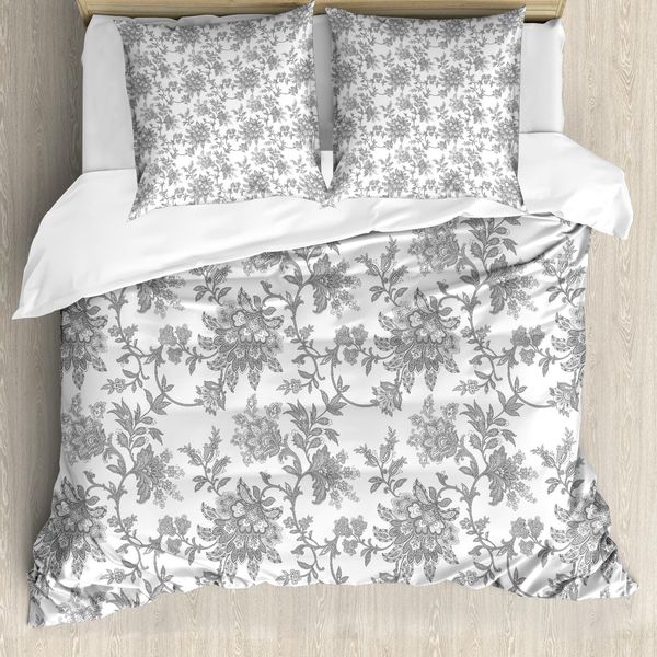 Abakuhaus Set Copripiumino Per Letti Matrimoniali, Motivi Floreali Etnici Asiatici, Antiacaro, Adatto A Chi Soffre Di Allergie, Con Federe, Grigio Chiaro-image