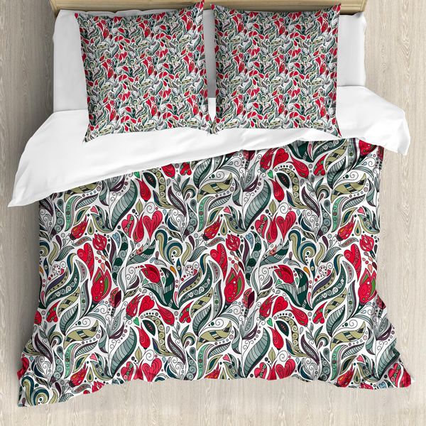 Copripiumino Abakuhaus Retro, Motivo Floreale Boho Colorato, Antiacaro E Anallergico, Con Federe, 200 Cm X 200 Cm - 80 X 80 Cm, Grigio E Rosa-image