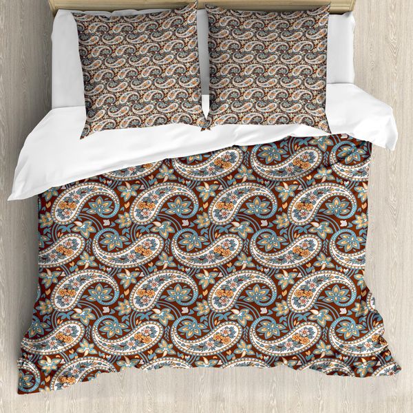 Abakuhaus Copripiumino Paisley, Vintage Oriental Ethnic, Antiacaro E Anallergico Con Federe, 200 Cm X 200 Cm - 80 X 80 Cm, Rosso Legno E Blu Grigio-image