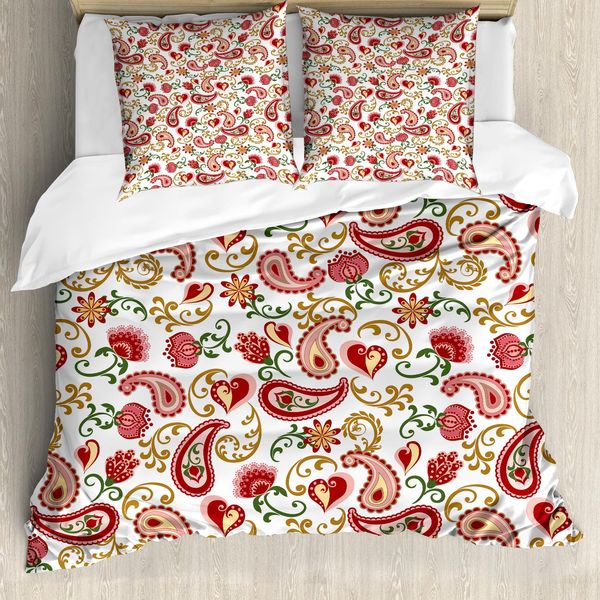 Abakuhaus Copripiumino Paisley, Motivo Rose Artistiche, Antiacaro, Adatto A Chi Soffre Di Allergie, Con Federe, 200 Cm X 200 Cm - 80 X 80 Cm, Rosso E Rosa Chiaro-image