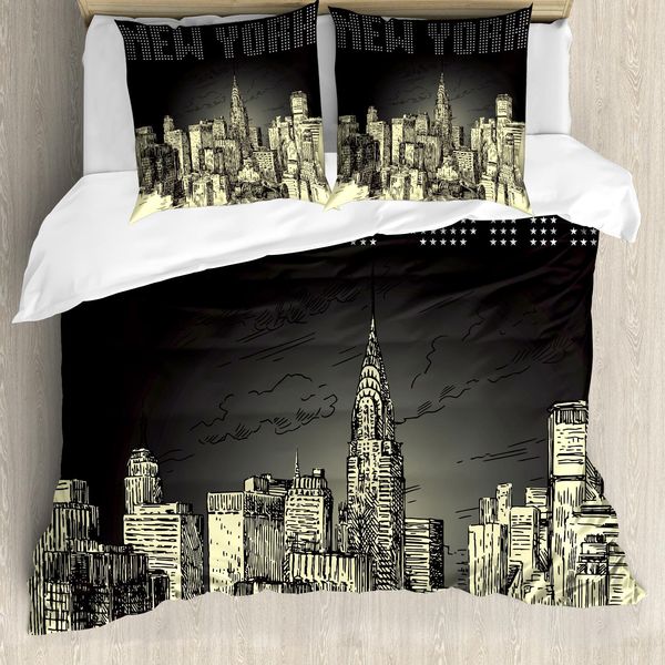 Abakuhaus New York Copripiumino, Grunge Empire State Nyc, Antiacaro, Adatto A Chi Soffre Di Allergie, Con Federe, 155 Cm X 220 Cm - 80 X 80 Cm, Grigio Giallo-image