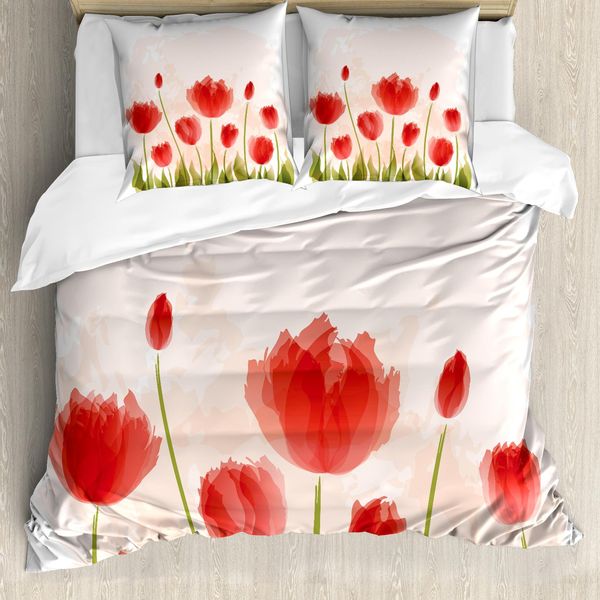 Abakuhaus Copripiumino Con Fiori, Romantici Tulipani, Antiacaro, Adatto A Chi Soffre Di Allergie, Con Federe, 155 Cm X 220 Cm - 80 X 80 Cm, Vermiglio Pesca Verde-image
