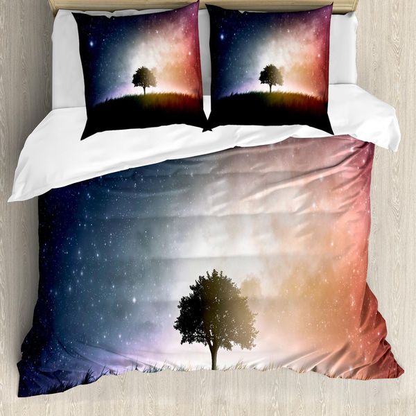 Abakuhaus Copripiumino, Albero Sul Campo Con Stelle, Antiacaro, Adatto A Chi Soffre Di Allergie, Con Federe, 155 Cm X 220 Cm - 80 X 80 Cm, Magenta E Blu-image