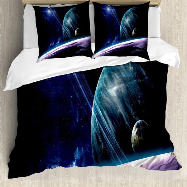 Abakuhaus Copripiumino, Universo Con Pianeti, Antiacaro Adatto A Chi Soffre Di Allergie Con Federe, 200 Cm X 200 Cm - 80 X 80 Cm, Blu Lilla-image
