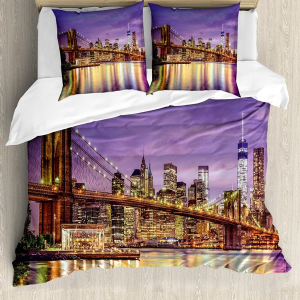 Abakuhaus New York Copripiumino, Broadway-Paesaggio Nyc, Antiacaro Adatto A Chi Soffre Di Allergie Con Federe, 155 Cm X 220 Cm - 80 X 80 Cm, Viola, Giallo-image