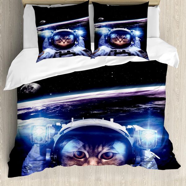 Abakuhaus Copripiumino Gatto, Divertente Astronauta Gatto, Antiacaro, Adatto A Chi Soffre Di Allergie, Con Federe, 200 Cm X 200 Cm - 80 X 80 Cm, Blu E Bianco-image