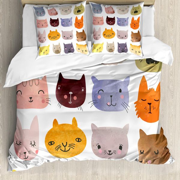 Abakuhaus Copripiumino Gatto, Gatti Colorati Divertenti, Antiacaro, Adatto A Chi Soffre Di Allergie, Con Federe, 200 Cm X 200 Cm - 80 X 80 Cm, Multicolore-image