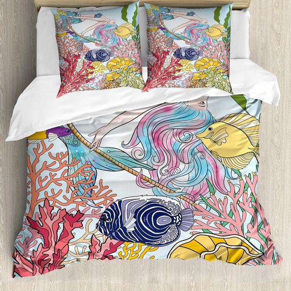 Abakuhaus Copripiumino Sirena, Mare Fugace Barriere Coralline, Antiacaro Adatto A Chi Soffre Di Allergie Con Federe, 200 Cm X 200 Cm - 80 X 80 Cm, Multicolore-image