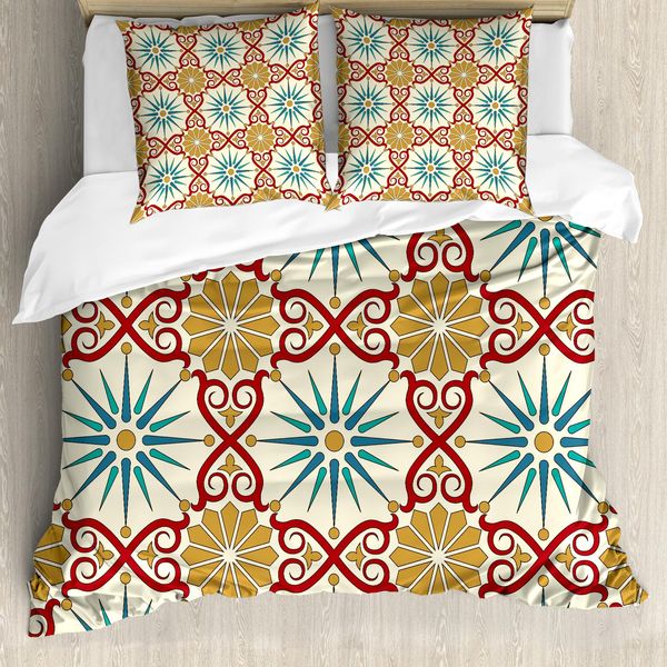 Abakuhaus Copripiumino Marocchino, Forme Geometriche, Antiacaro, Adatto A Chi Soffre Di Allergie, Con Federe, 155 Cm X 220 Cm - 80 X 80 Cm, Beige Senape-image