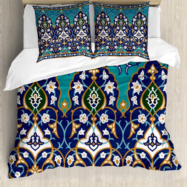 Abakuhaus Set Copripiumino Folkloric Per Letti Matrimoniali, Design Astratto Blu Navy, Antiacaro, Adatto A Chi Soffre Di Allergie, Con Federe, Blu Navy-image