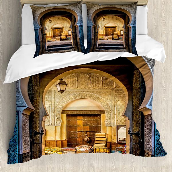 Abakuhaus Set Copripiumino Marocchino Per Letti Matrimoniali, Vecchia Casa E Strada, Antiacaro Adatto A Chi Soffre Di Allergie Con Federe, Multicolore-image