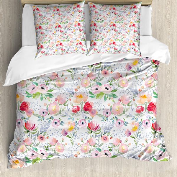 Abakuhaus Copripiumino Con Motivi Floreali, Fiori Primaverili Colorati, Antiacaro, Adatto A Chi Soffre Di Allergie, Con Federe, 200 Cm X 200 Cm - 80 X 80 Cm, Rosa-Verde-Rosso-image